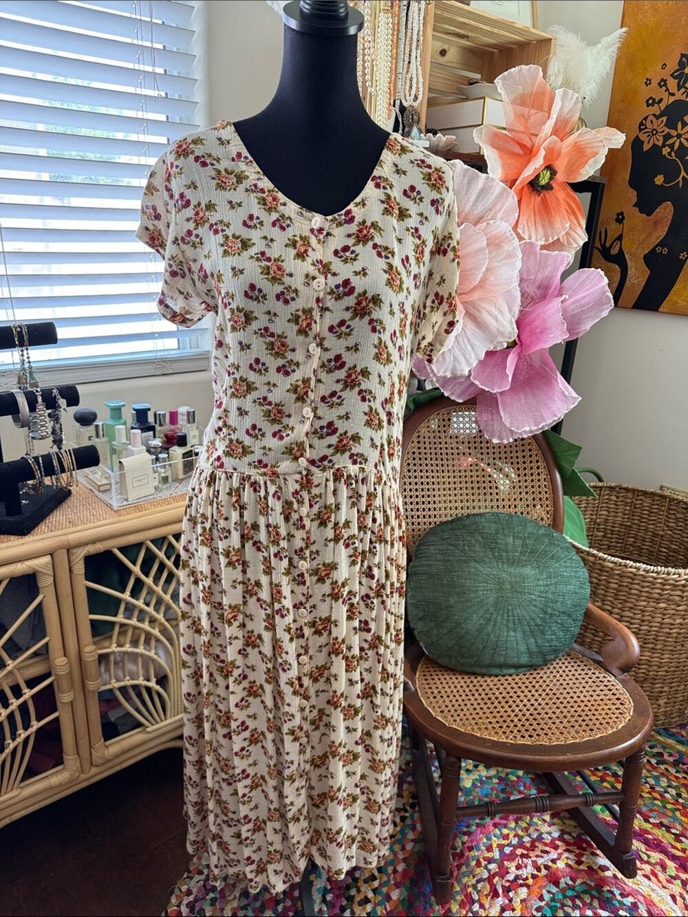 Vintage 90s/Y2K Jasmine Floral Drop Waist Boho Hippie Garden Cottage Midi Dress